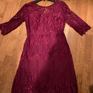 Dark red, lace fabric, 3 quarter length sleeve dress